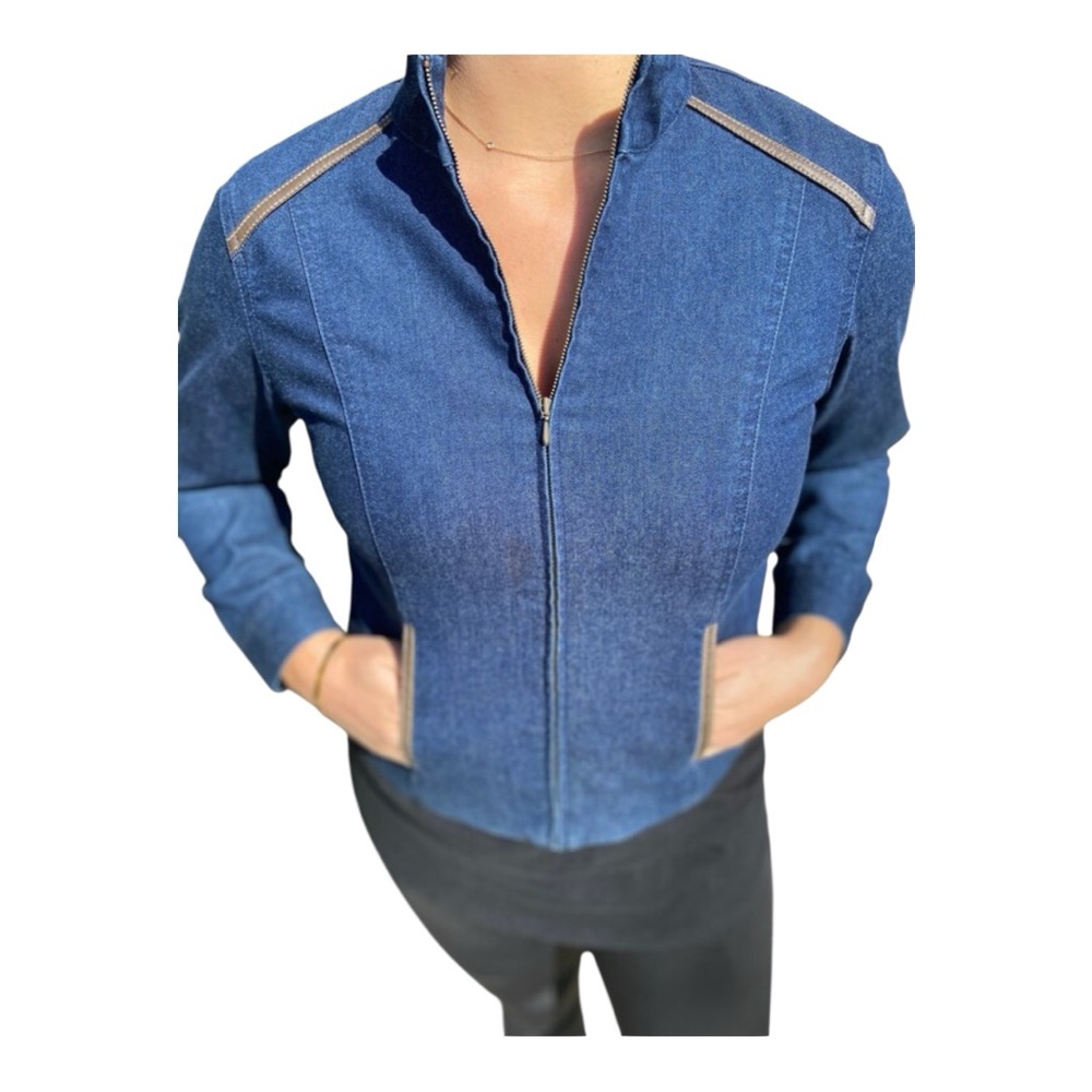 1656. PENDLETON LONG SLEEVE FULL ZIP DENIM JACKET SIZE MEDIUM FAUX LEATHER TRIM